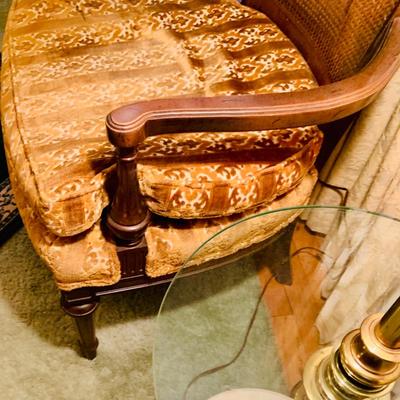 LOT:45: Vintage Cane Back Arm Chair by Moore Furniture and a Stiffel Brass Floor Lamp with Glass Table