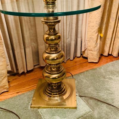 LOT:45: Vintage Cane Back Arm Chair by Moore Furniture and a Stiffel Brass Floor Lamp with Glass Table