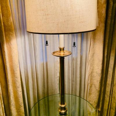 LOT:45: Vintage Cane Back Arm Chair by Moore Furniture and a Stiffel Brass Floor Lamp with Glass Table