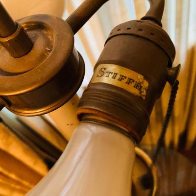 LOT:45: Vintage Cane Back Arm Chair by Moore Furniture and a Stiffel Brass Floor Lamp with Glass Table