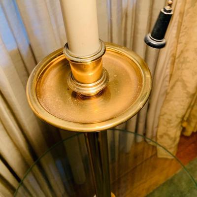 LOT:45: Vintage Cane Back Arm Chair by Moore Furniture and a Stiffel Brass Floor Lamp with Glass Table