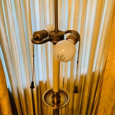 LOT:45: Vintage Cane Back Arm Chair by Moore Furniture and a Stiffel Brass Floor Lamp with Glass Table