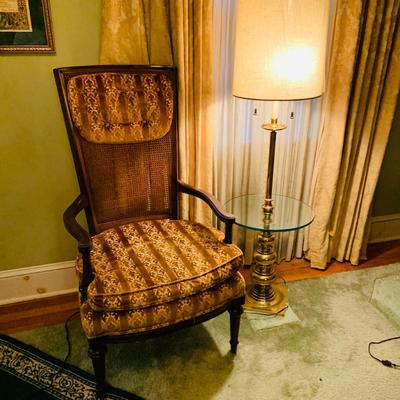 LOT:45: Vintage Cane Back Arm Chair by Moore Furniture and a Stiffel Brass Floor Lamp with Glass Table