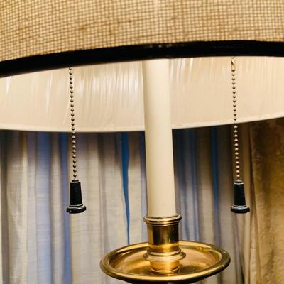 LOT:45: Vintage Cane Back Arm Chair by Moore Furniture and a Stiffel Brass Floor Lamp with Glass Table