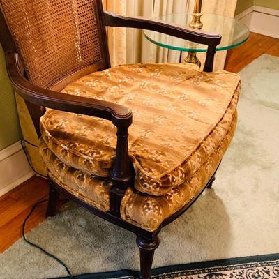 LOT:45: Vintage Cane Back Arm Chair by Moore Furniture and a Stiffel Brass Floor Lamp with Glass Table