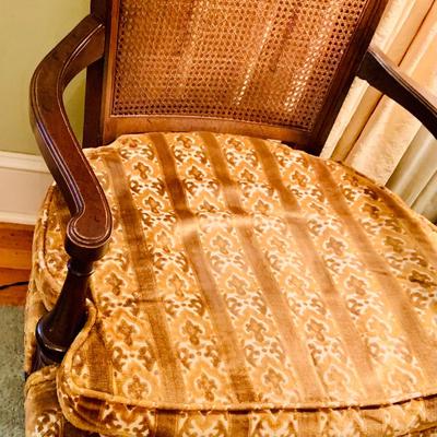 LOT:45: Vintage Cane Back Arm Chair by Moore Furniture and a Stiffel Brass Floor Lamp with Glass Table