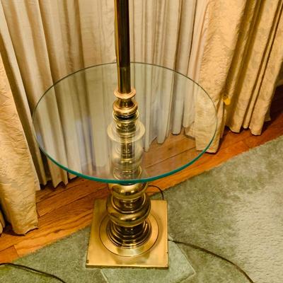 LOT:45: Vintage Cane Back Arm Chair by Moore Furniture and a Stiffel Brass Floor Lamp with Glass Table