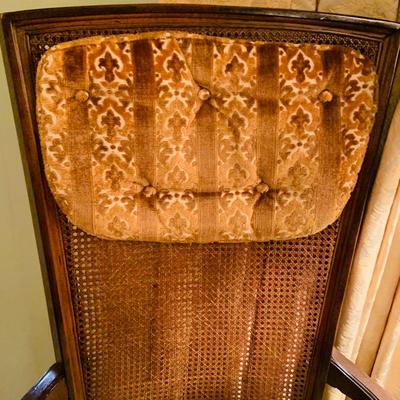 LOT:45: Vintage Cane Back Arm Chair by Moore Furniture and a Stiffel Brass Floor Lamp with Glass Table