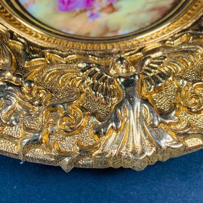 LOT:44: Vintage French Ornate Brass Framed Porcelain Cameos by Fragonard, Miniature Wall Art Porcelain Ashtrays and Mini Plates
