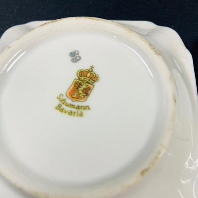 LOT:44: Vintage French Ornate Brass Framed Porcelain Cameos by Fragonard, Miniature Wall Art Porcelain Ashtrays and Mini Plates