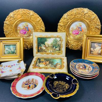 LOT:44: Vintage French Ornate Brass Framed Porcelain Cameos by Fragonard, Miniature Wall Art Porcelain Ashtrays and Mini Plates