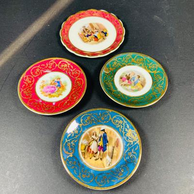 LOT:44: Vintage French Ornate Brass Framed Porcelain Cameos by Fragonard, Miniature Wall Art Porcelain Ashtrays and Mini Plates