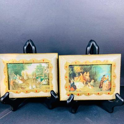LOT:44: Vintage French Ornate Brass Framed Porcelain Cameos by Fragonard, Miniature Wall Art Porcelain Ashtrays and Mini Plates