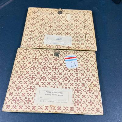 LOT:44: Vintage French Ornate Brass Framed Porcelain Cameos by Fragonard, Miniature Wall Art Porcelain Ashtrays and Mini Plates