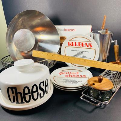 LOT:46: Wine Cheese & More Mid Century Collection Featuring Sandwich Plate, Cheese Wooden Stainless Steel Bowl and Wire Basket,...