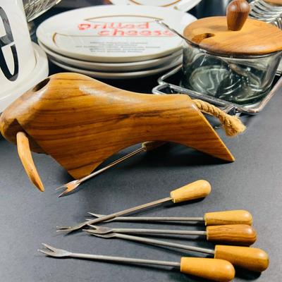 LOT:46: Wine Cheese & More Mid Century Collection Featuring Sandwich Plate, Cheese Wooden Stainless Steel Bowl and Wire Basket,...