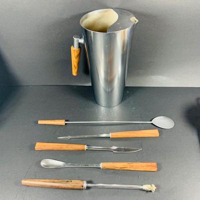 LOT:46: Wine Cheese & More Mid Century Collection Featuring Sandwich Plate, Cheese Wooden Stainless Steel Bowl and Wire Basket,...