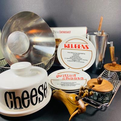 LOT:46: Wine Cheese & More Mid Century Collection Featuring Sandwich Plate, Cheese Wooden Stainless Steel Bowl and Wire Basket,...