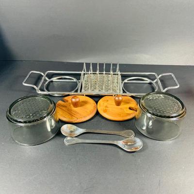 LOT:46: Wine Cheese & More Mid Century Collection Featuring Sandwich Plate, Cheese Wooden Stainless Steel Bowl and Wire Basket,...