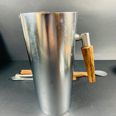 LOT:46: Wine Cheese & More Mid Century Collection Featuring Sandwich Plate, Cheese Wooden Stainless Steel Bowl and Wire Basket,...