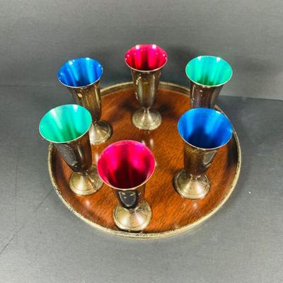 LOT:47: Alvin Sterling Silver Colored Enamel Cordial Set with Tray