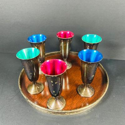 LOT:47: Alvin Sterling Silver Colored Enamel Cordial Set with Tray