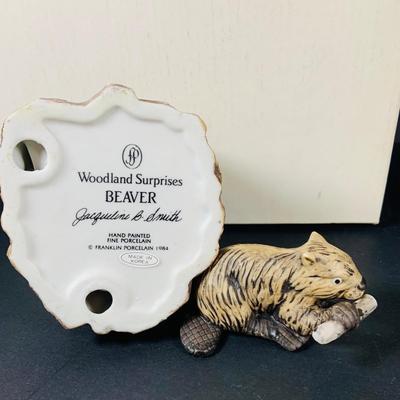 LOT:49: Franklin Mint Woodland Surprise Collection of Porcelain Figures - Beaver, Owl, Rabbit, Raccoon and Bluebird