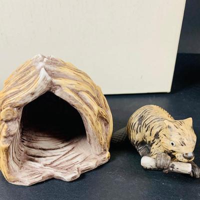 LOT:49: Franklin Mint Woodland Surprise Collection of Porcelain Figures - Beaver, Owl, Rabbit, Raccoon and Bluebird