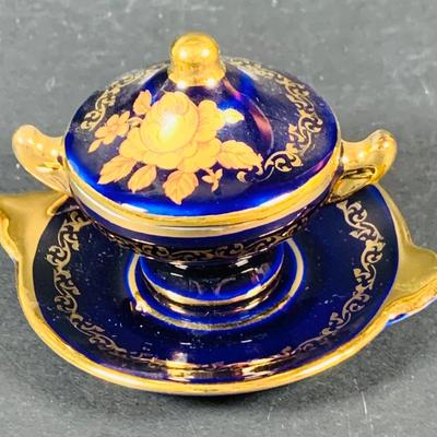 LOT:50: Vintage BOJ Eibar Spanish Brass Turtle Bell, Vintage Cobalt Blue Hand Painted Glass Vase/Glass, Mini Limoges Soup Tureen, Plate...