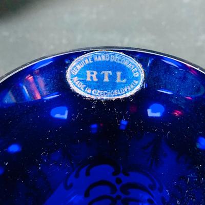 LOT:50: Vintage BOJ Eibar Spanish Brass Turtle Bell, Vintage Cobalt Blue Hand Painted Glass Vase/Glass, Mini Limoges Soup Tureen, Plate...