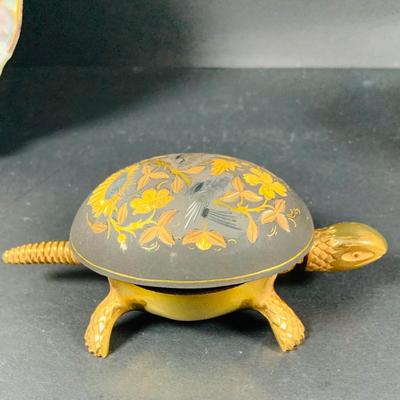 LOT:50: Vintage BOJ Eibar Spanish Brass Turtle Bell, Vintage Cobalt Blue Hand Painted Glass Vase/Glass, Mini Limoges Soup Tureen, Plate...