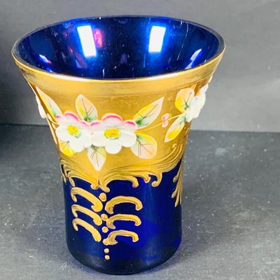 LOT:50: Vintage BOJ Eibar Spanish Brass Turtle Bell, Vintage Cobalt Blue Hand Painted Glass Vase/Glass, Mini Limoges Soup Tureen, Plate...