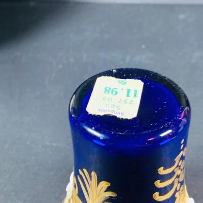 LOT:50: Vintage BOJ Eibar Spanish Brass Turtle Bell, Vintage Cobalt Blue Hand Painted Glass Vase/Glass, Mini Limoges Soup Tureen, Plate...