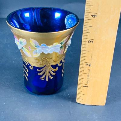 LOT:50: Vintage BOJ Eibar Spanish Brass Turtle Bell, Vintage Cobalt Blue Hand Painted Glass Vase/Glass, Mini Limoges Soup Tureen, Plate...