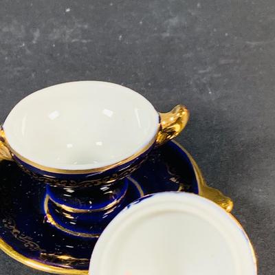 LOT:50: Vintage BOJ Eibar Spanish Brass Turtle Bell, Vintage Cobalt Blue Hand Painted Glass Vase/Glass, Mini Limoges Soup Tureen, Plate...