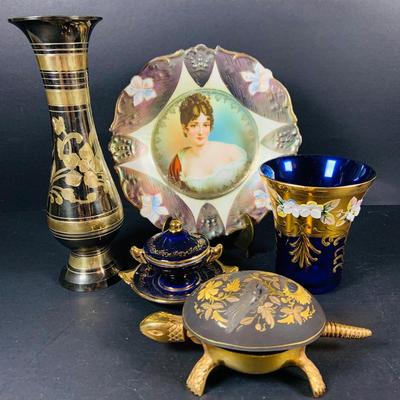 LOT:50: Vintage BOJ Eibar Spanish Brass Turtle Bell, Vintage Cobalt Blue Hand Painted Glass Vase/Glass, Mini Limoges Soup Tureen, Plate...