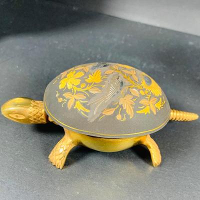 LOT:50: Vintage BOJ Eibar Spanish Brass Turtle Bell, Vintage Cobalt Blue Hand Painted Glass Vase/Glass, Mini Limoges Soup Tureen, Plate...