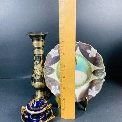 LOT:50: Vintage BOJ Eibar Spanish Brass Turtle Bell, Vintage Cobalt Blue Hand Painted Glass Vase/Glass, Mini Limoges Soup Tureen, Plate...