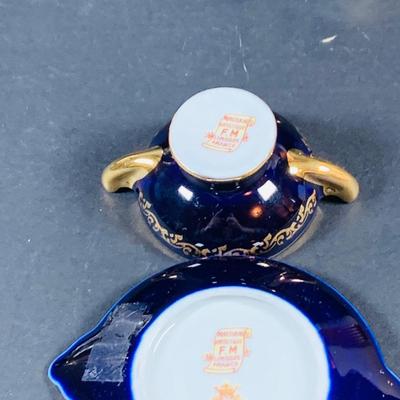 LOT:50: Vintage BOJ Eibar Spanish Brass Turtle Bell, Vintage Cobalt Blue Hand Painted Glass Vase/Glass, Mini Limoges Soup Tureen, Plate...