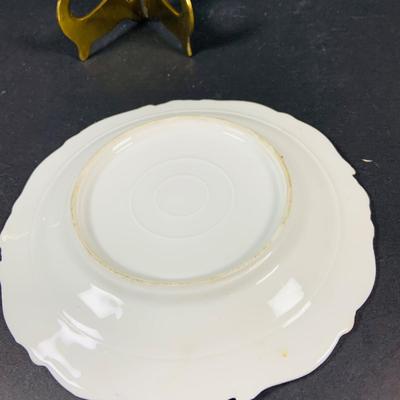 LOT:50: Vintage BOJ Eibar Spanish Brass Turtle Bell, Vintage Cobalt Blue Hand Painted Glass Vase/Glass, Mini Limoges Soup Tureen, Plate...