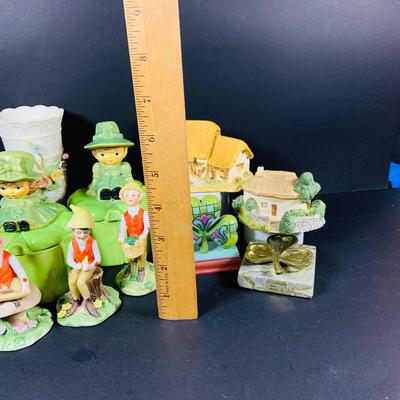 LOT:52: Luck of the Irish Collection-Jim Shoe Shamrock, (3) Ceramic Pixi Elves, (2) Irish Cottages, Vintage Duncan Ceramic Mold Shamrock...