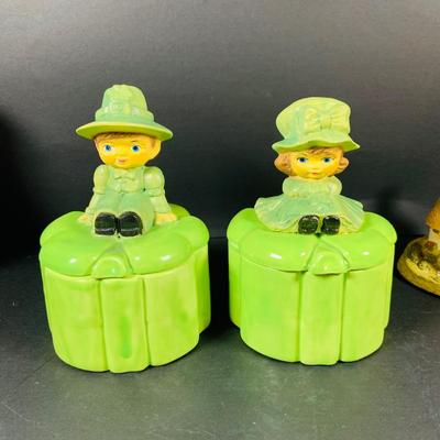 LOT:52: Luck of the Irish Collection-Jim Shoe Shamrock, (3) Ceramic Pixi Elves, (2) Irish Cottages, Vintage Duncan Ceramic Mold Shamrock...