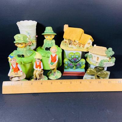 LOT:52: Luck of the Irish Collection-Jim Shoe Shamrock, (3) Ceramic Pixi Elves, (2) Irish Cottages, Vintage Duncan Ceramic Mold Shamrock...