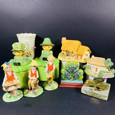 LOT:52: Luck of the Irish Collection-Jim Shoe Shamrock, (3) Ceramic Pixi Elves, (2) Irish Cottages, Vintage Duncan Ceramic Mold Shamrock...