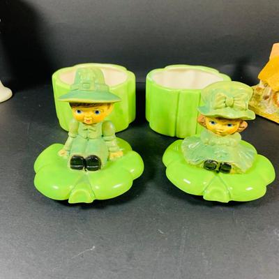 LOT:52: Luck of the Irish Collection-Jim Shoe Shamrock, (3) Ceramic Pixi Elves, (2) Irish Cottages, Vintage Duncan Ceramic Mold Shamrock...