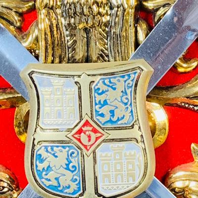 LOT:53: Medieval Coat of Arms, Don Quixote Metal Statue and Metal Ashtray, Miniature Alter Cross, Mini Brass Mortar and Pestle and a Thimble