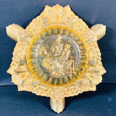 LOT:53: Medieval Coat of Arms, Don Quixote Metal Statue and Metal Ashtray, Miniature Alter Cross, Mini Brass Mortar and Pestle and a Thimble