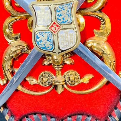 LOT:53: Medieval Coat of Arms, Don Quixote Metal Statue and Metal Ashtray, Miniature Alter Cross, Mini Brass Mortar and Pestle and a Thimble