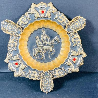 LOT:53: Medieval Coat of Arms, Don Quixote Metal Statue and Metal Ashtray, Miniature Alter Cross, Mini Brass Mortar and Pestle and a Thimble