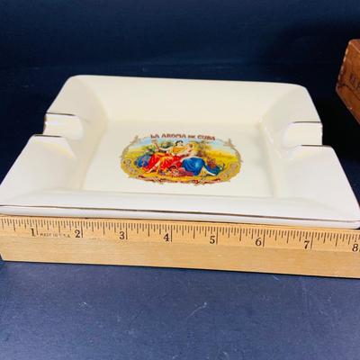 LOT:54: Large Vintage Ashtrays, Cigar Box and Vintage Match Book Cases